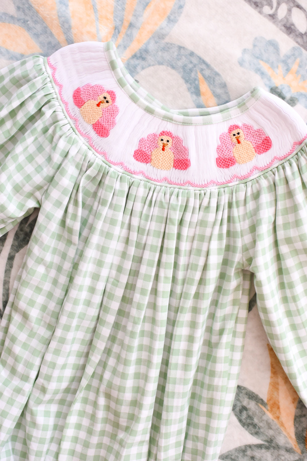 Green Gingham Turkey Smocked Bubble