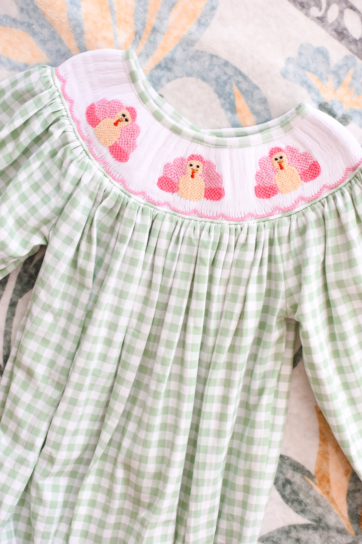 Green Gingham Turkey Smocked Bubble