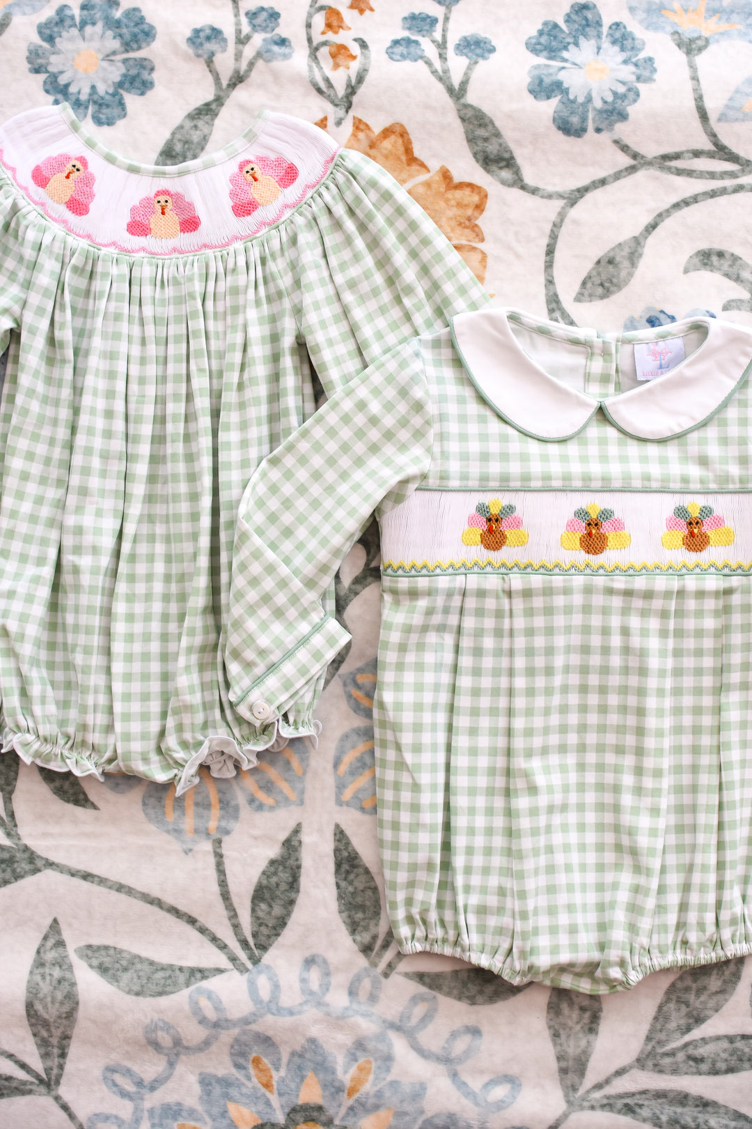 Green Gingham Turkey Smocked Boy Bubble