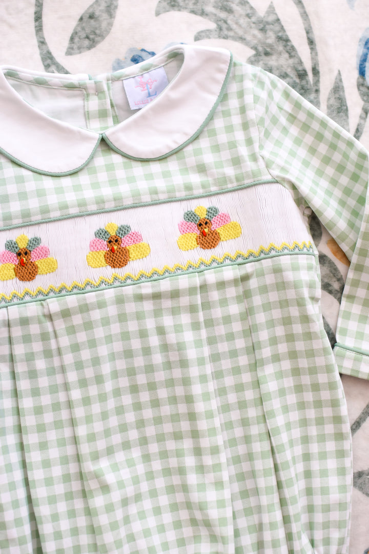 Green Gingham Turkey Smocked Boy Bubble