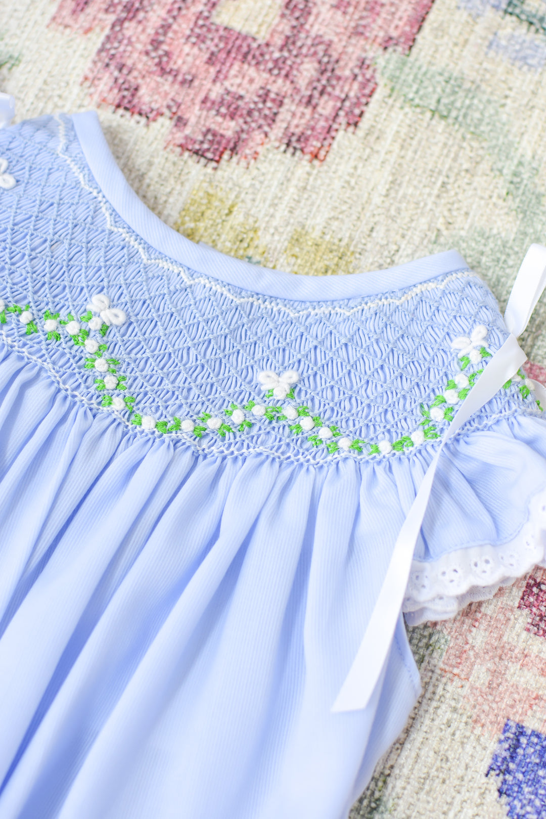 Roses & Bows Smocked Bubble in Blue