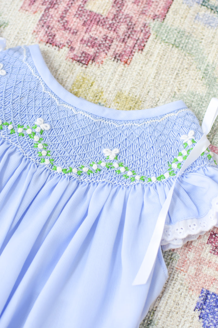 Roses & Bows Smocked Bubble in Blue