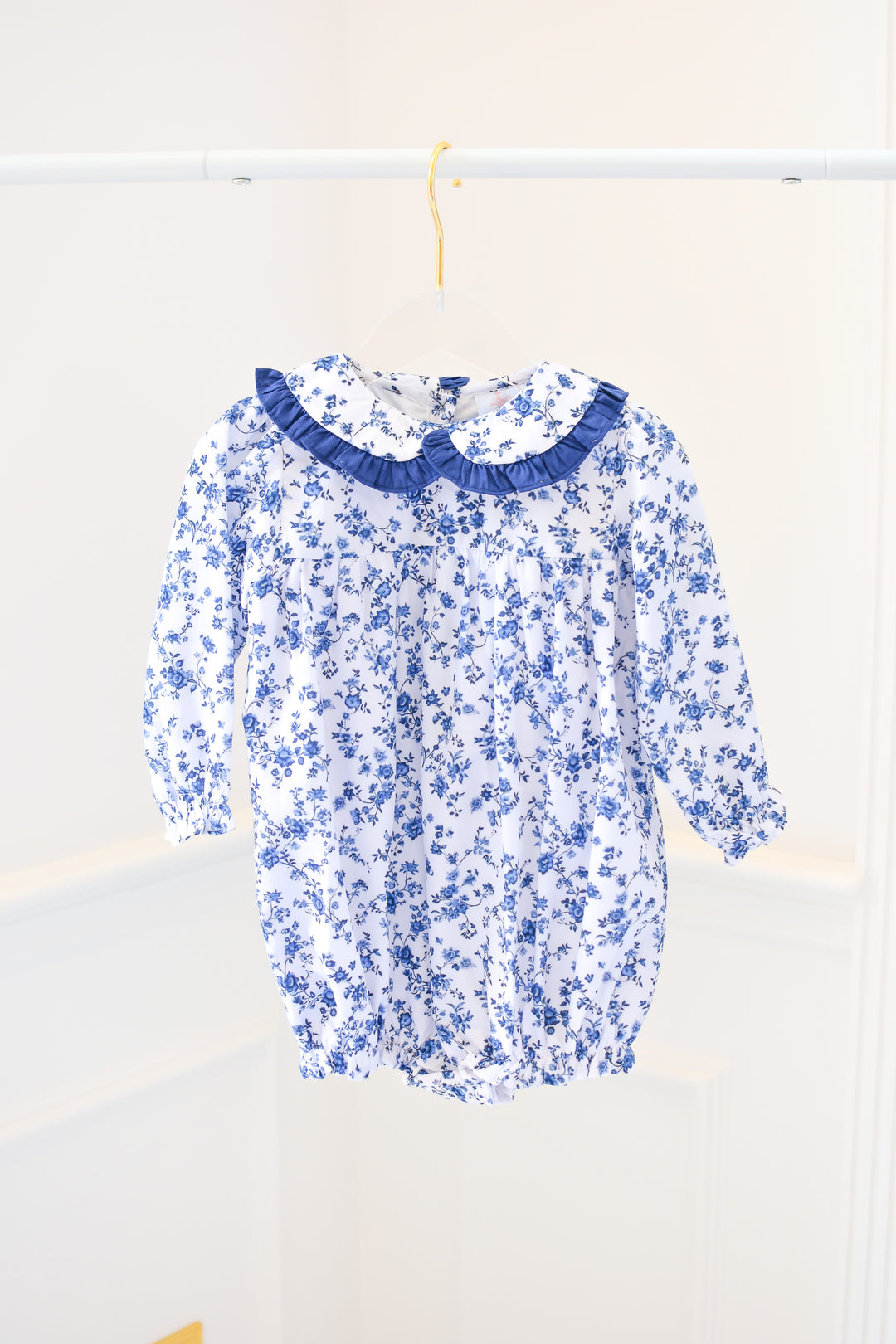 Girls Navy Collar Blue Floral Long Sleeve Bubble