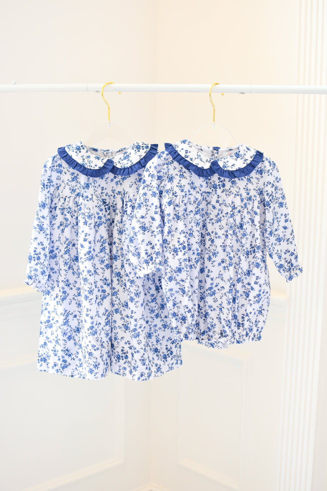 Girls Navy Collar Blue Floral Long Sleeve Bubble