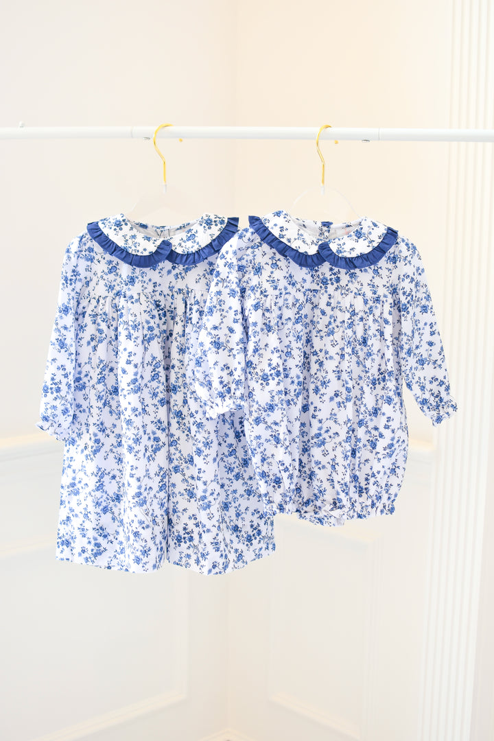 Girls Navy Collar Blue Floral Long Sleeve Bubble