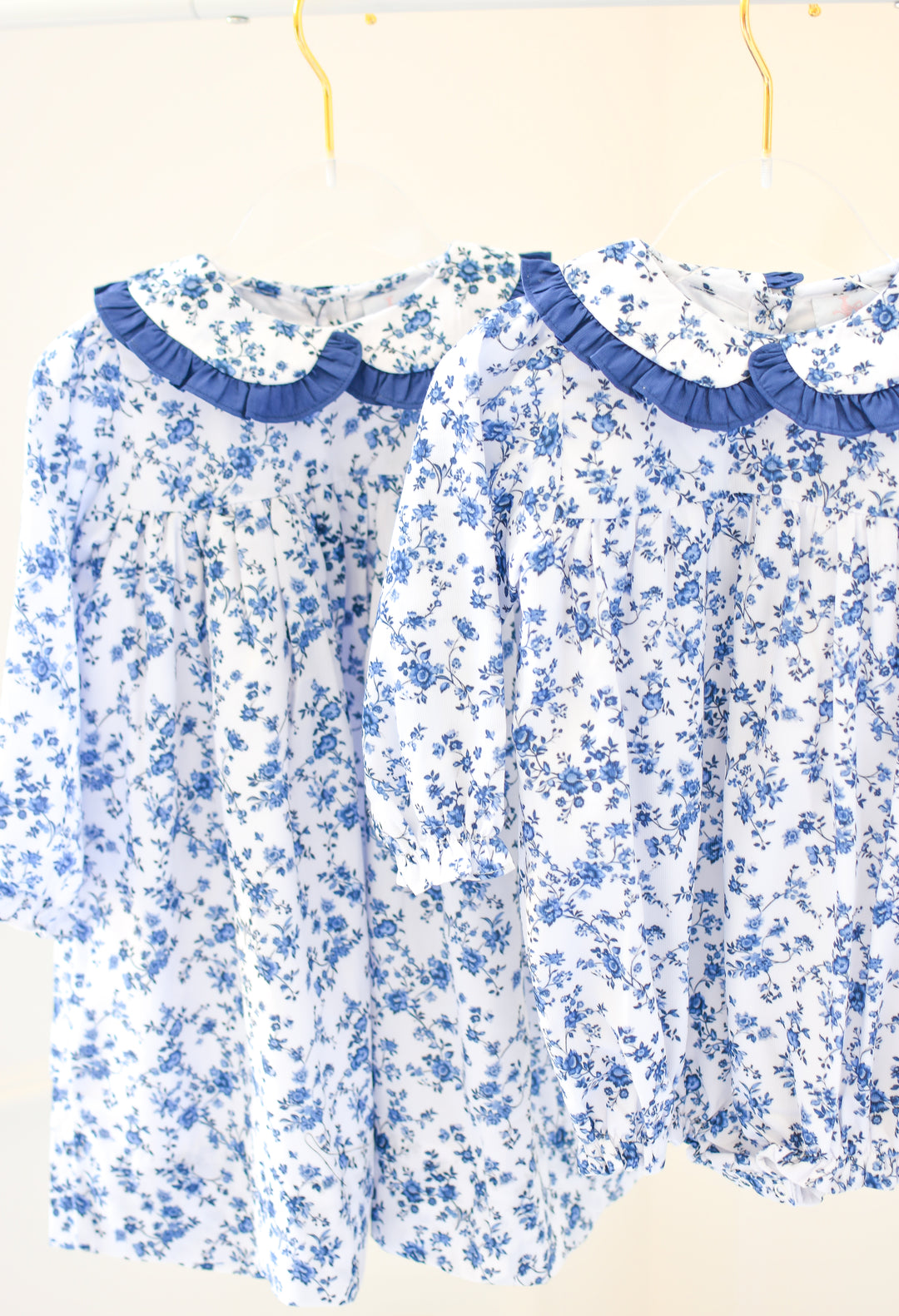 Girls Navy Collar Blue Floral Long Sleeve Bubble