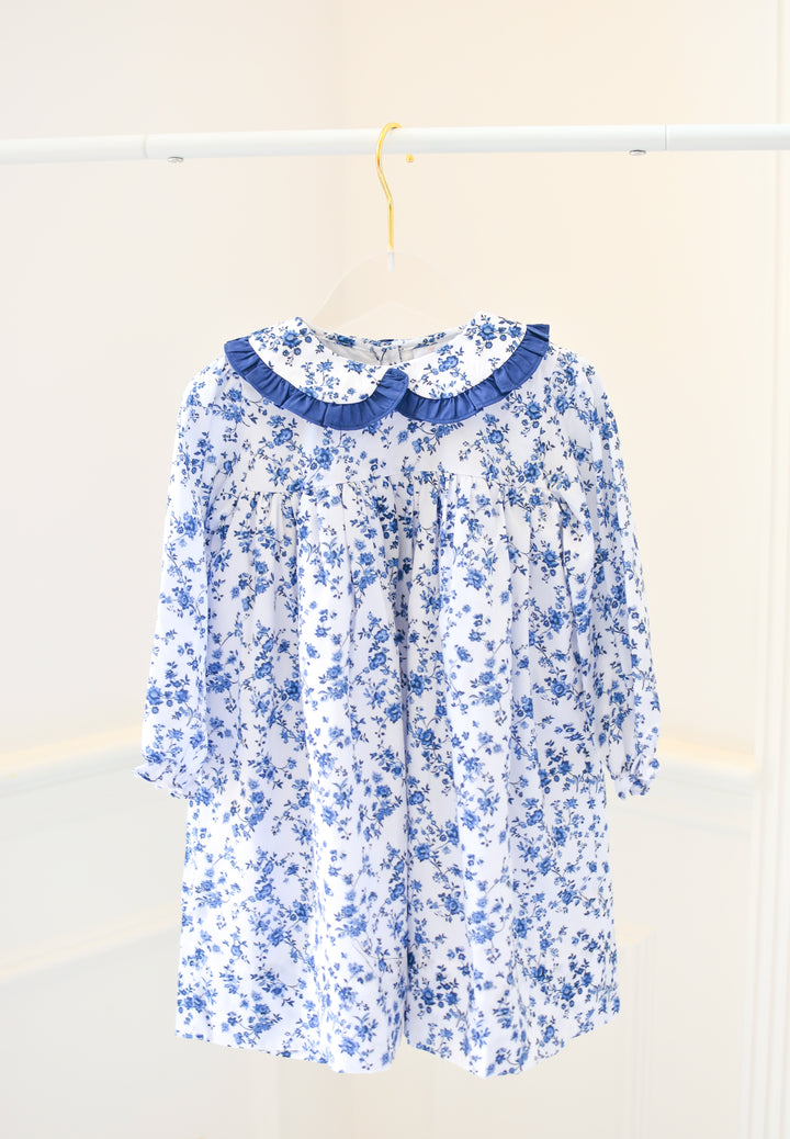 Girls Navy Collar Blue Floral Long Sleeve Dress