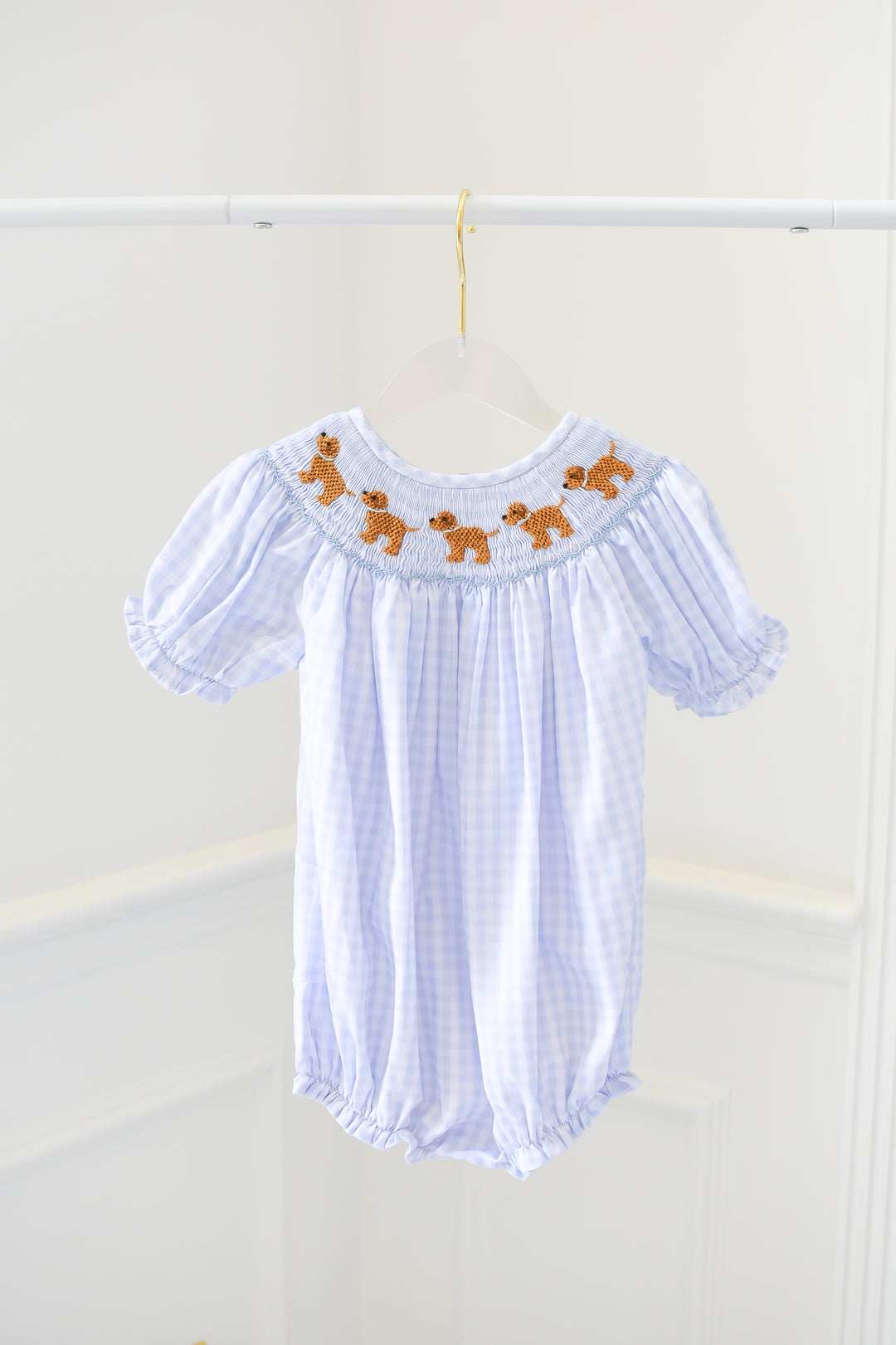 PRE-ORDER Girls Blue Gingham Puppy Smocked Bubble