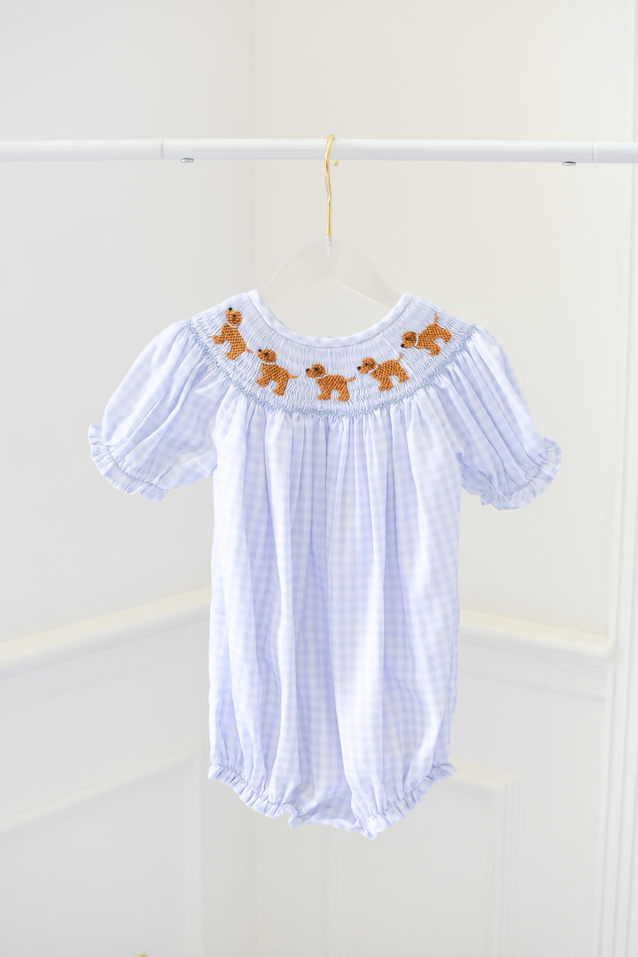 PRE-ORDER Girls Blue Gingham Puppy Smocked Bubble