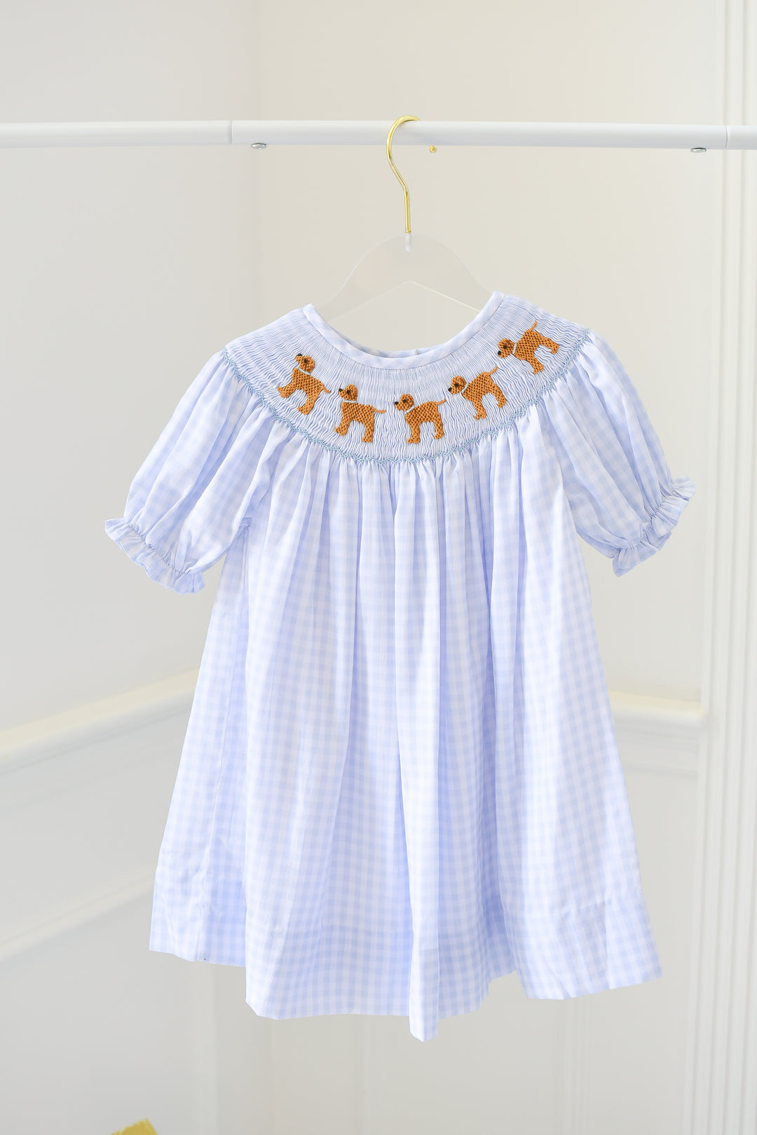 PRE-ORDER Girls Blue Gingham Puppy Smocked Dress
