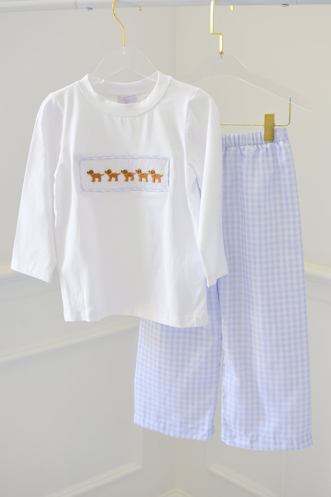 PRE-ORDER Boys Blue Gingham Puppy Smocked Pant Set