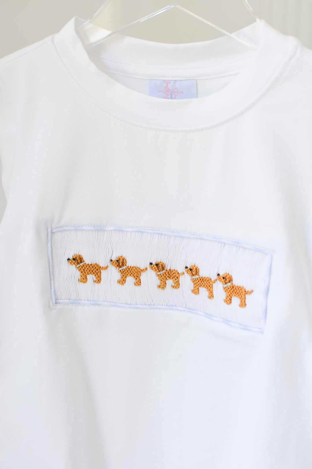 PRE-ORDER Boys Blue Gingham Puppy Smocked Pant Set