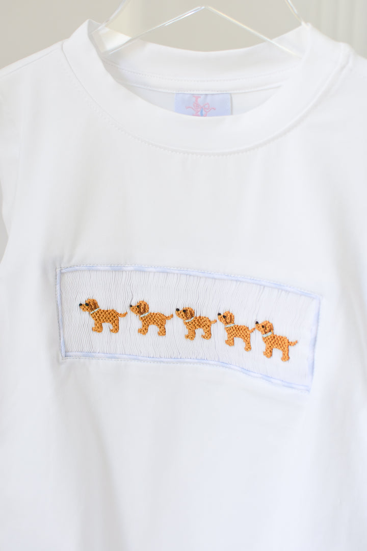 PRE-ORDER Boys Blue Gingham Puppy Smocked Pant Set