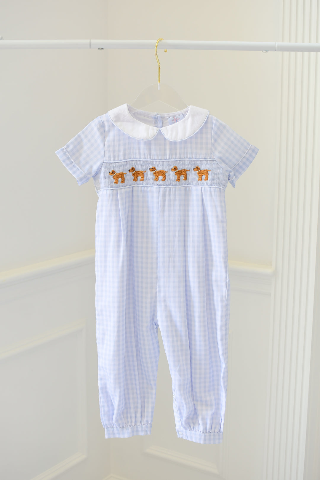 PRE-ORDER Boys Blue Gingham Puppy Smocked Romper