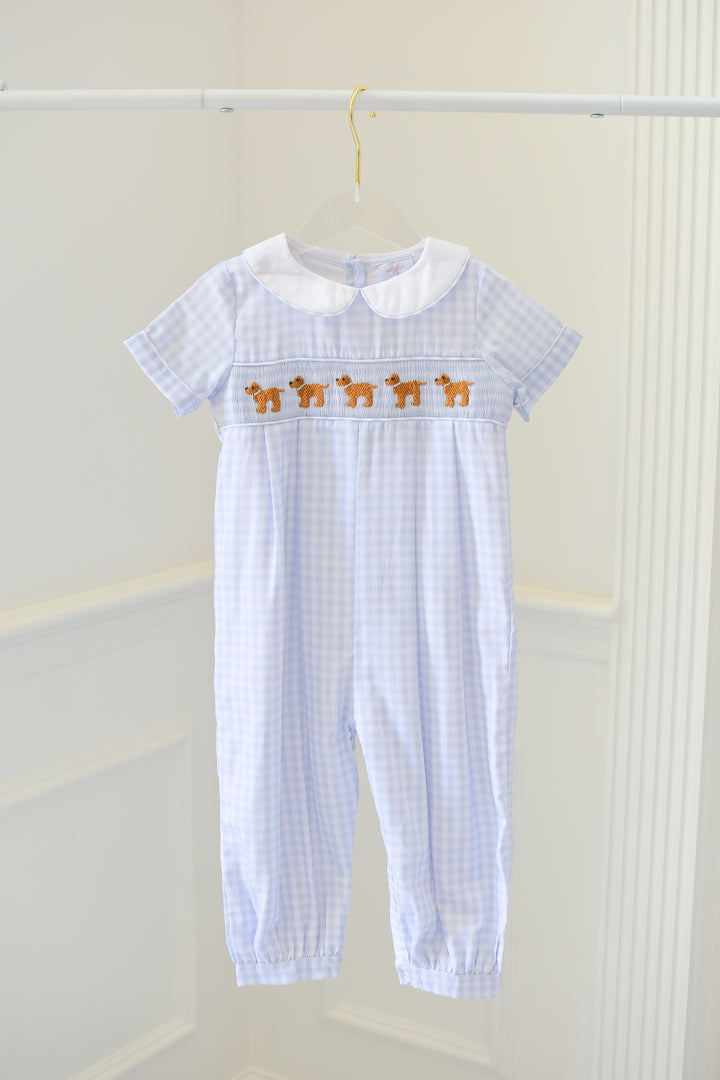 PRE-ORDER Boys Blue Gingham Puppy Smocked Romper
