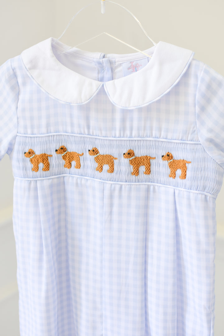 PRE-ORDER Boys Blue Gingham Puppy Smocked Romper