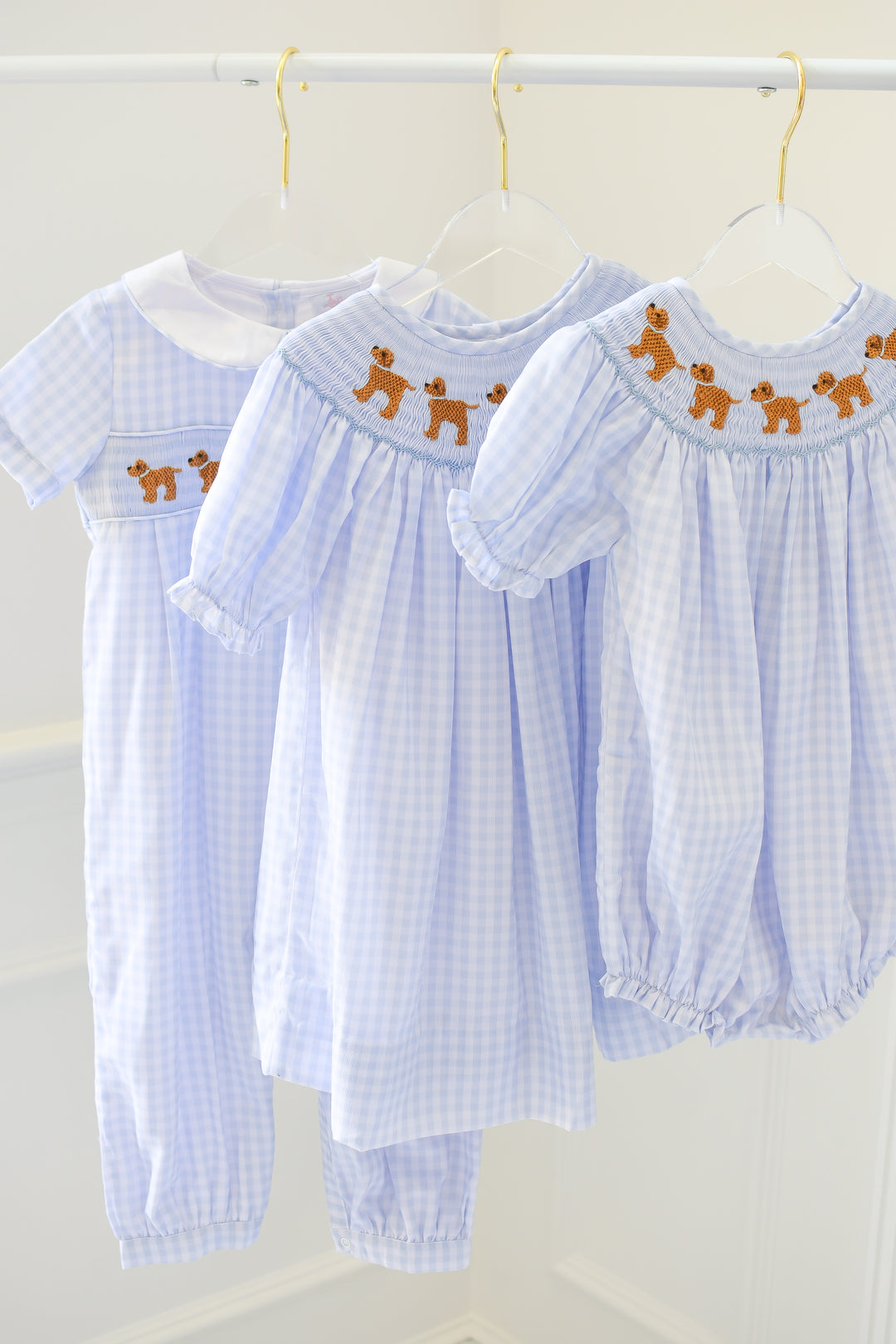 PRE-ORDER Boys Blue Gingham Puppy Smocked Romper
