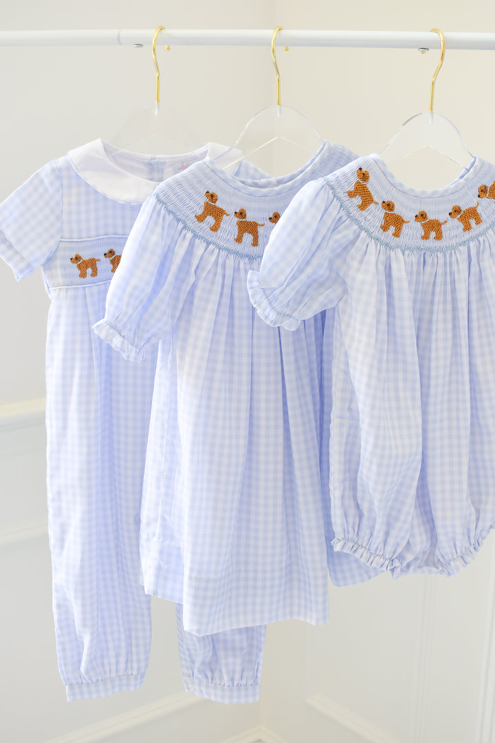 PRE-ORDER Boys Blue Gingham Puppy Smocked Romper