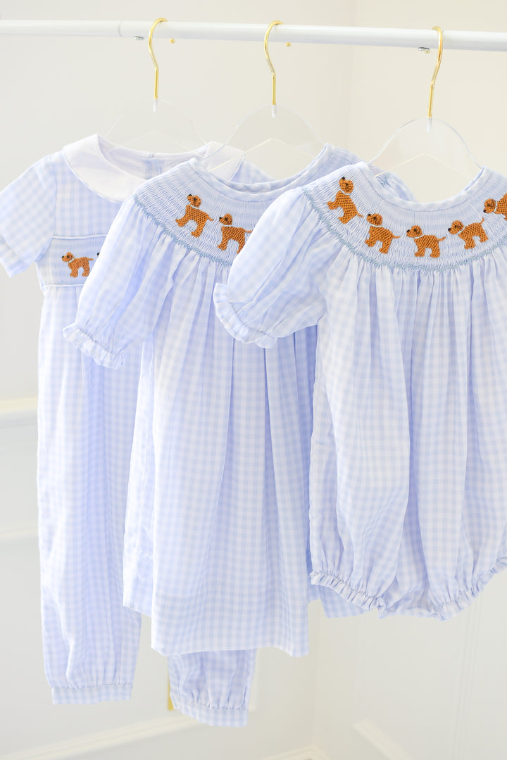 PRE-ORDER Girls Blue Gingham Puppy Smocked Dress