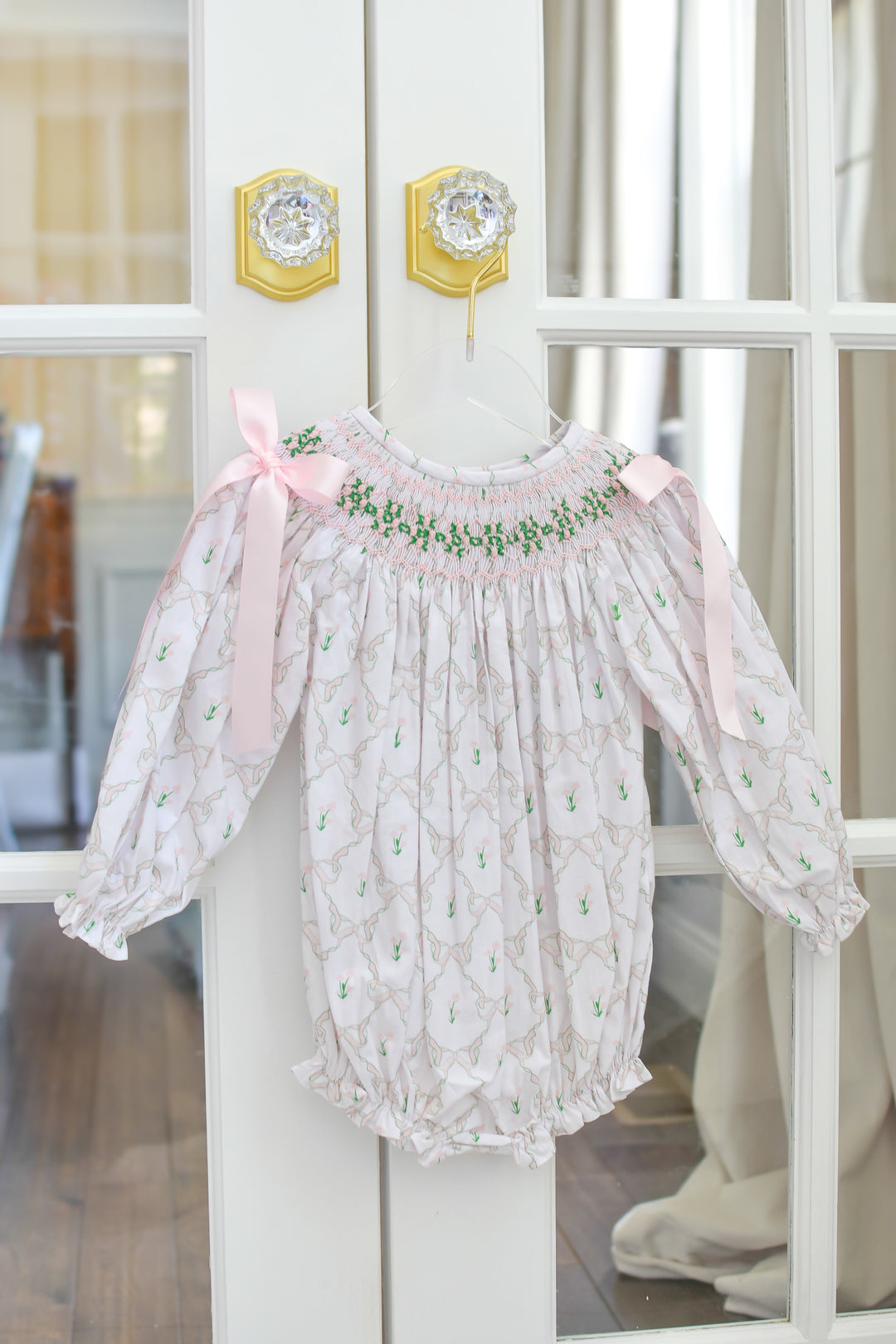 PRE-ORDER Girls Lattice Ribbon Smocked Bubble with Pink Bows