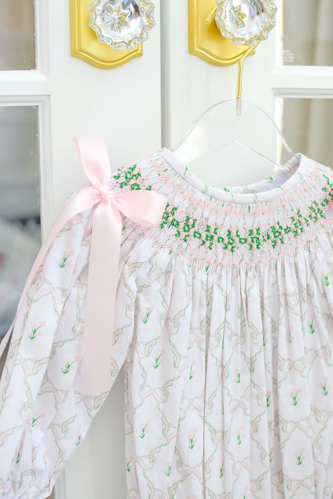 PRE-ORDER Girls Lattice Ribbon Smocked Bubble with Pink Bows