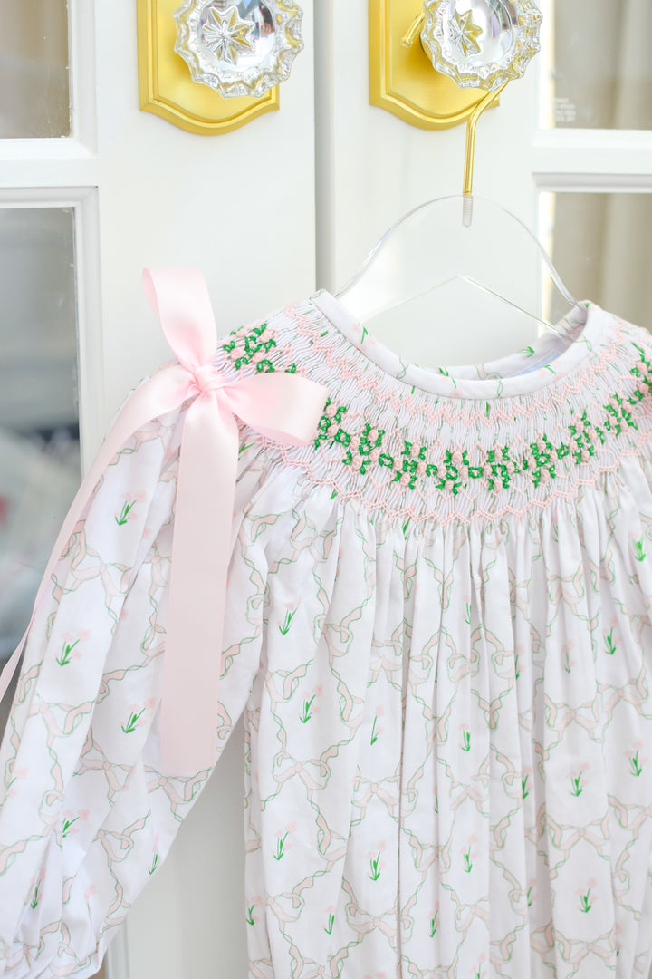 PRE-ORDER Girls Lattice Ribbon Smocked Bubble with Pink Bows
