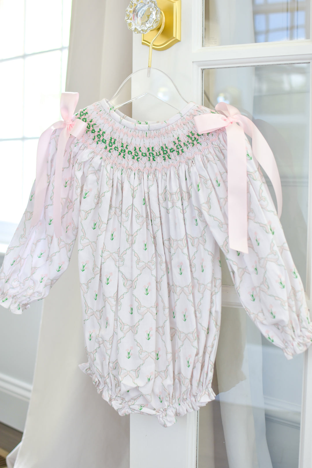 PRE-ORDER Girls Lattice Ribbon Smocked Bubble with Pink Bows
