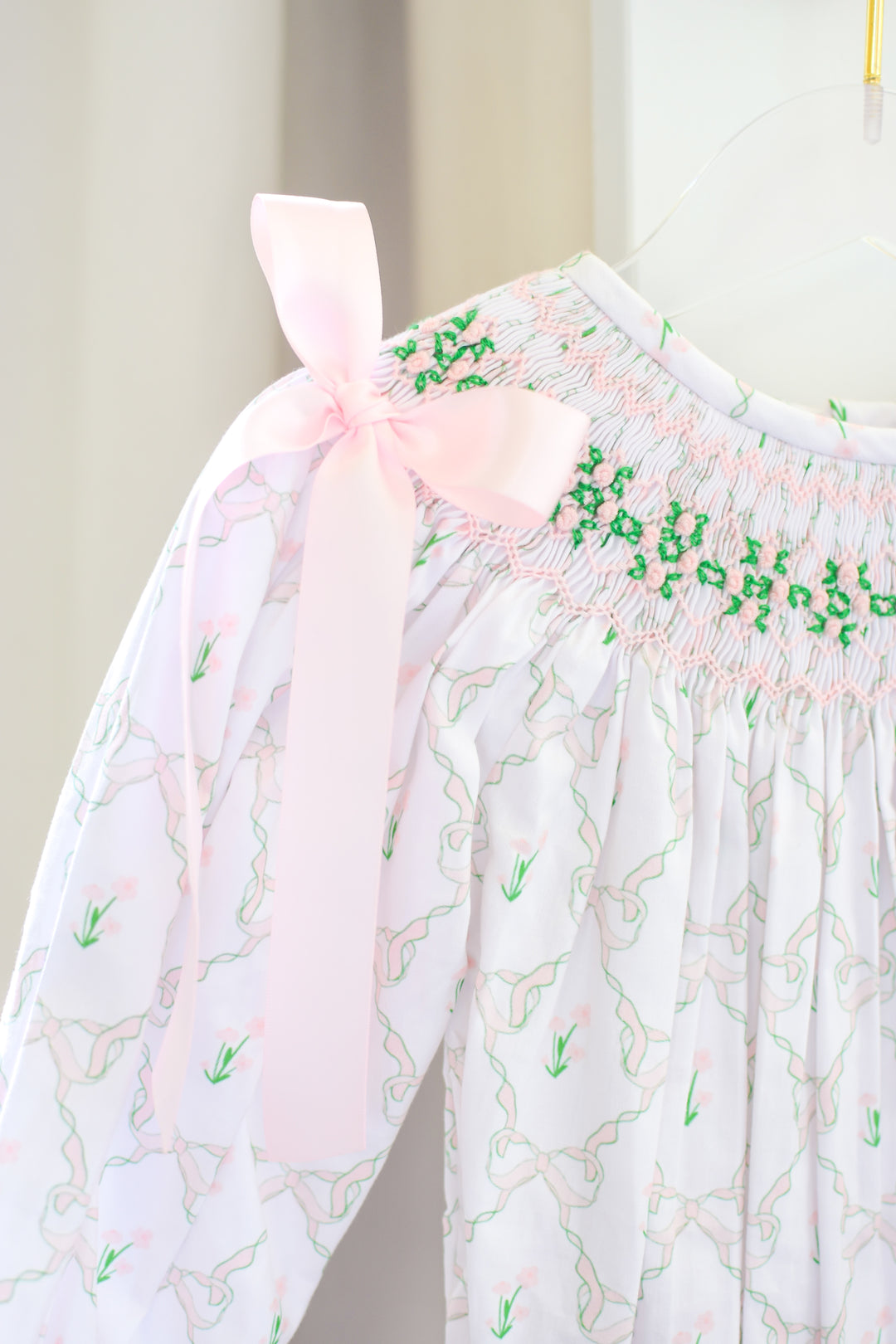PRE-ORDER Girls Lattice Ribbon Smocked Bubble with Pink Bows