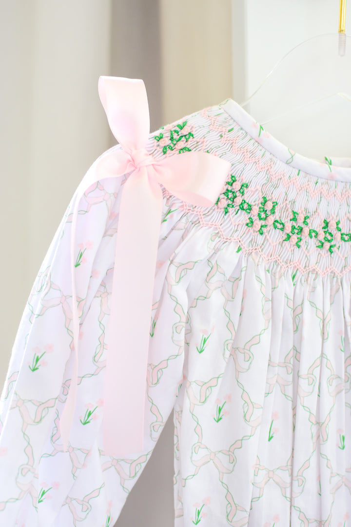 PRE-ORDER Girls Lattice Ribbon Smocked Bubble with Pink Bows