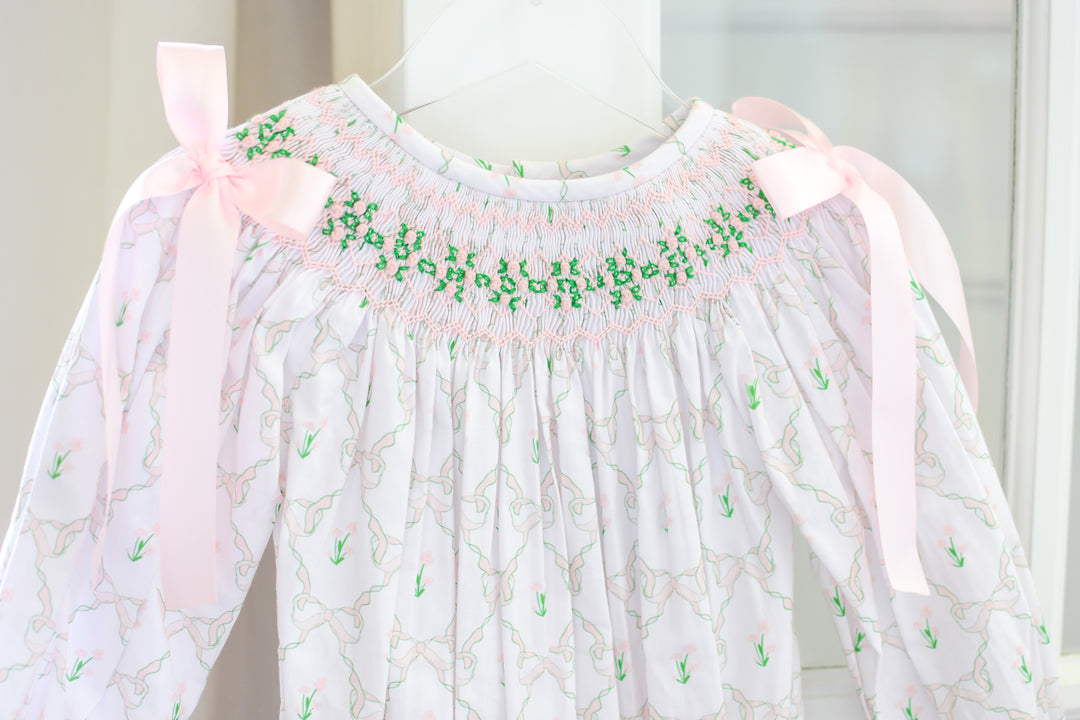 PRE-ORDER Girls Lattice Ribbon Smocked Bubble with Pink Bows
