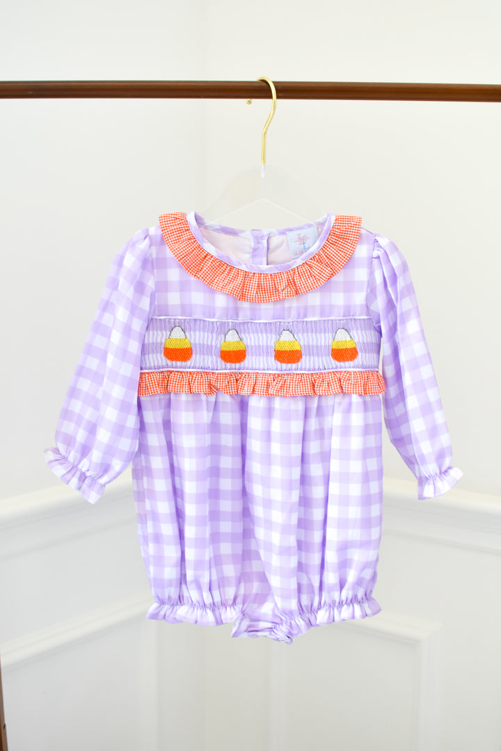 Girls Halloween Candy Corn Smocked Bubble