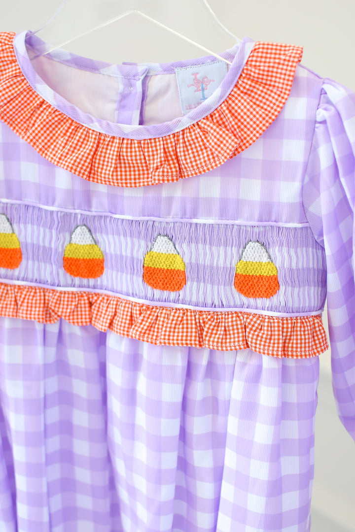 Girls Halloween Candy Corn Smocked Bubble