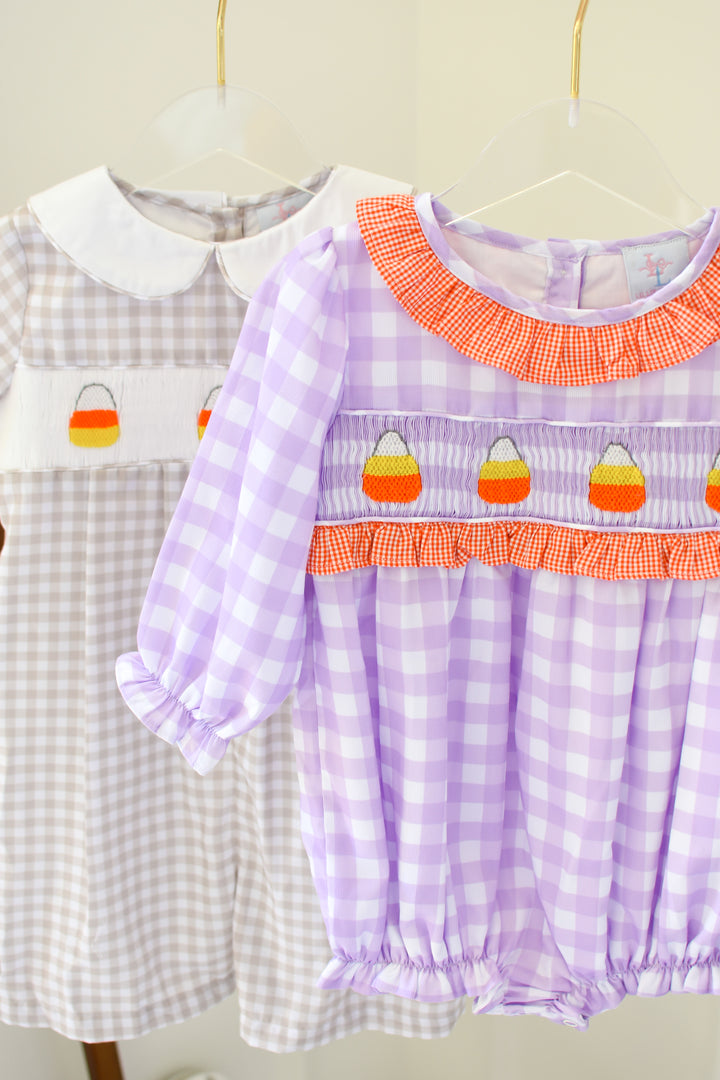 Girls Halloween Candy Corn Smocked Bubble