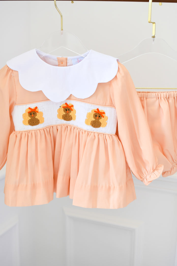 Girls Yellow Turkey Smocked Diaper Set