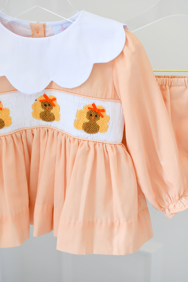 Girls Yellow Turkey Smocked Diaper Set