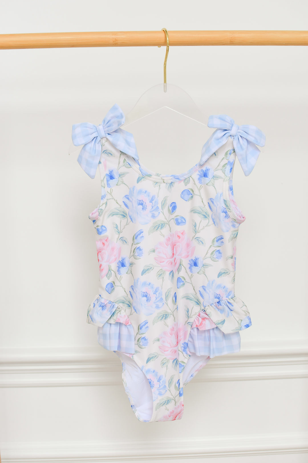 Girls Yellow Floral One-Piece Swimsuit with Gingham Bows