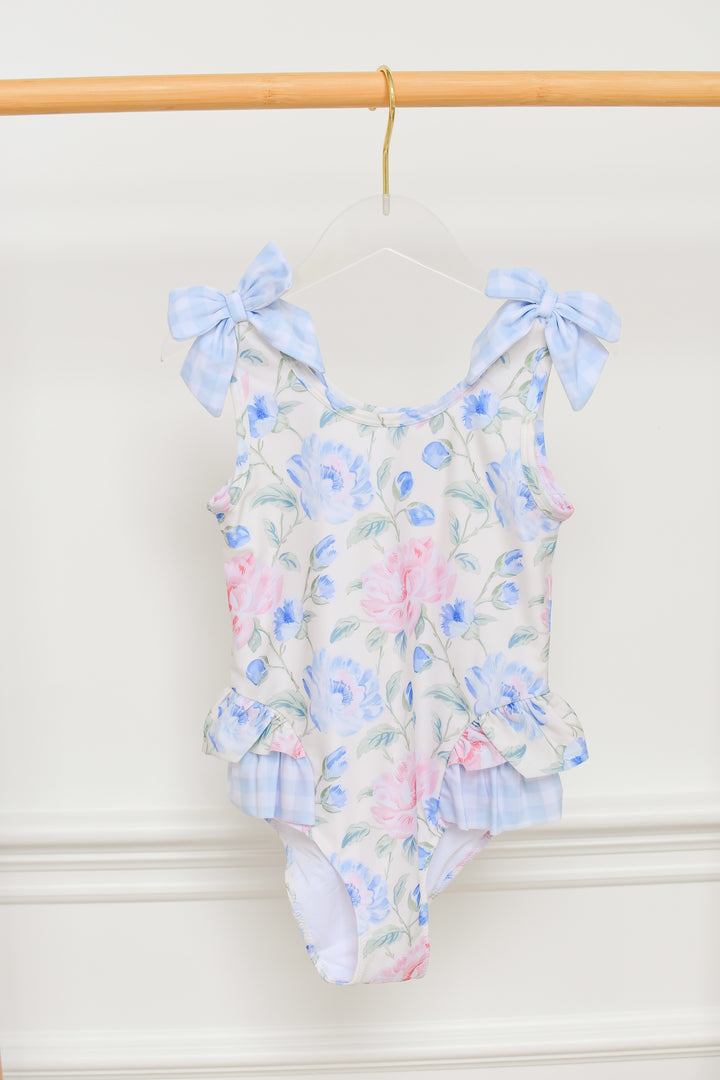Girls Yellow Floral One-Piece Swimsuit with Gingham Bows