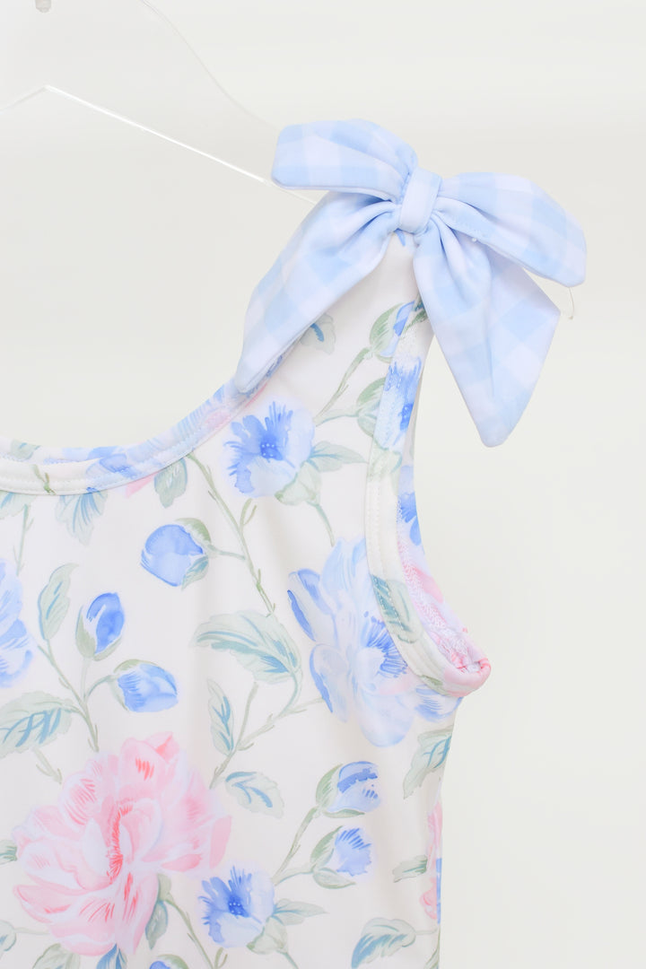 Girls Yellow Floral One-Piece Swimsuit with Gingham Bows