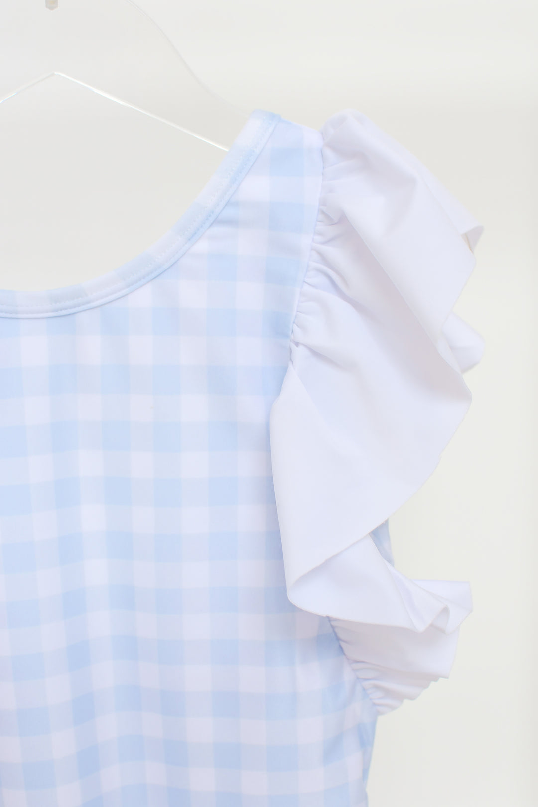 Girls Blue Gingham Swimsuit with Ruffle Sleeves