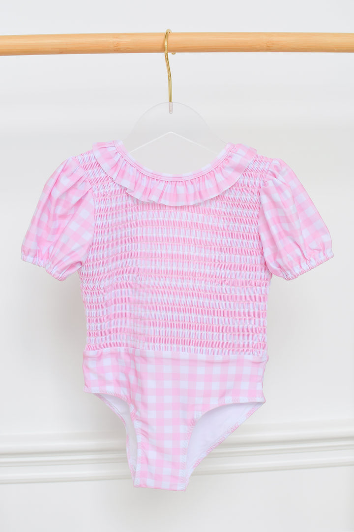 Girls Smocked One Piece Pink Gingham Puff Sleeve Swimsuit