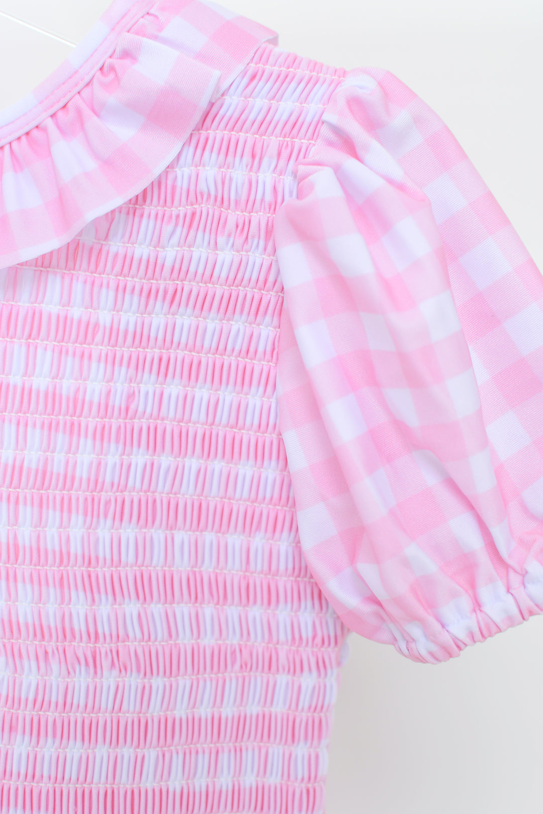 Girls Smocked One Piece Pink Gingham Puff Sleeve Swimsuit