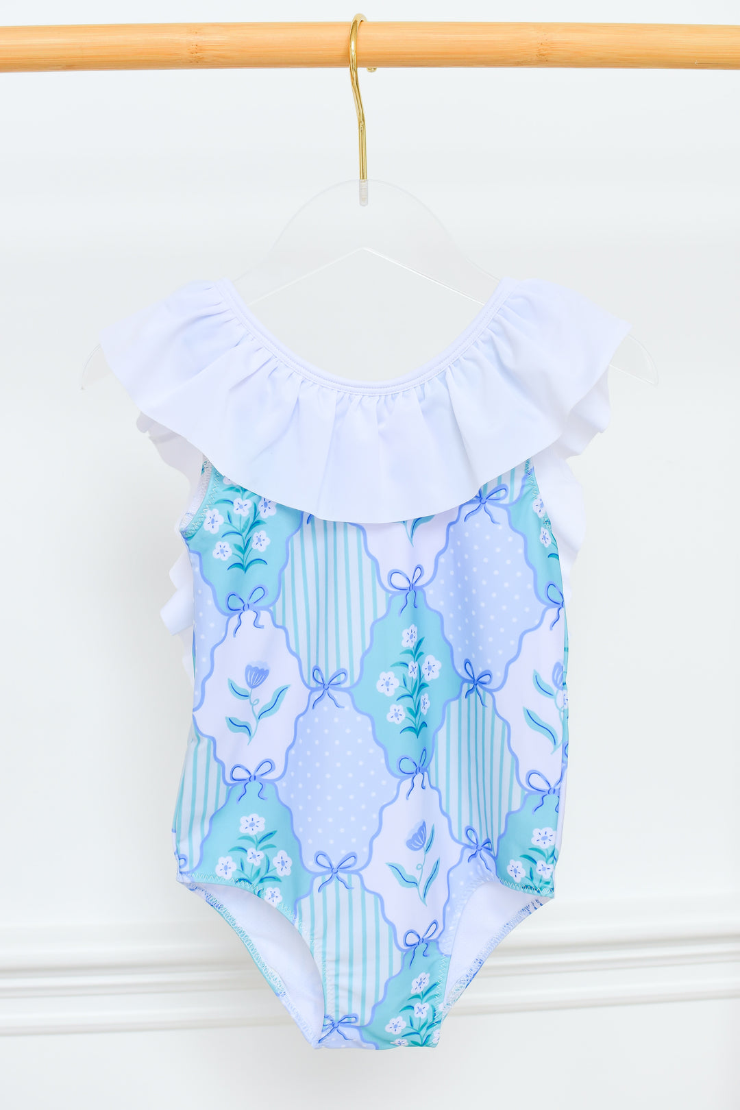 Girls Floral Medallion Swimsuit with White Ruffle Collar