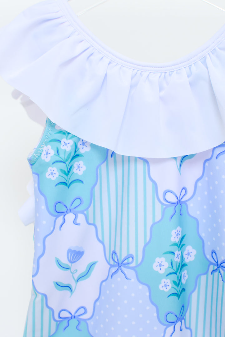 Girls Floral Medallion Swimsuit with White Ruffle Collar