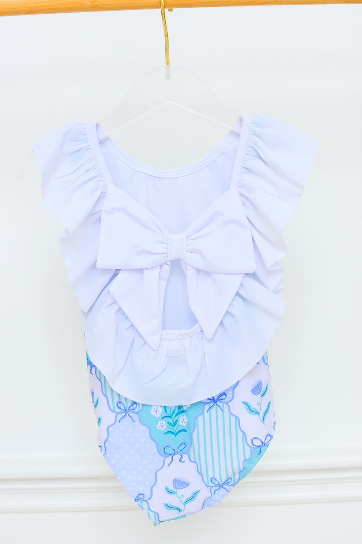 Girls Floral Medallion Swimsuit with White Ruffle Collar