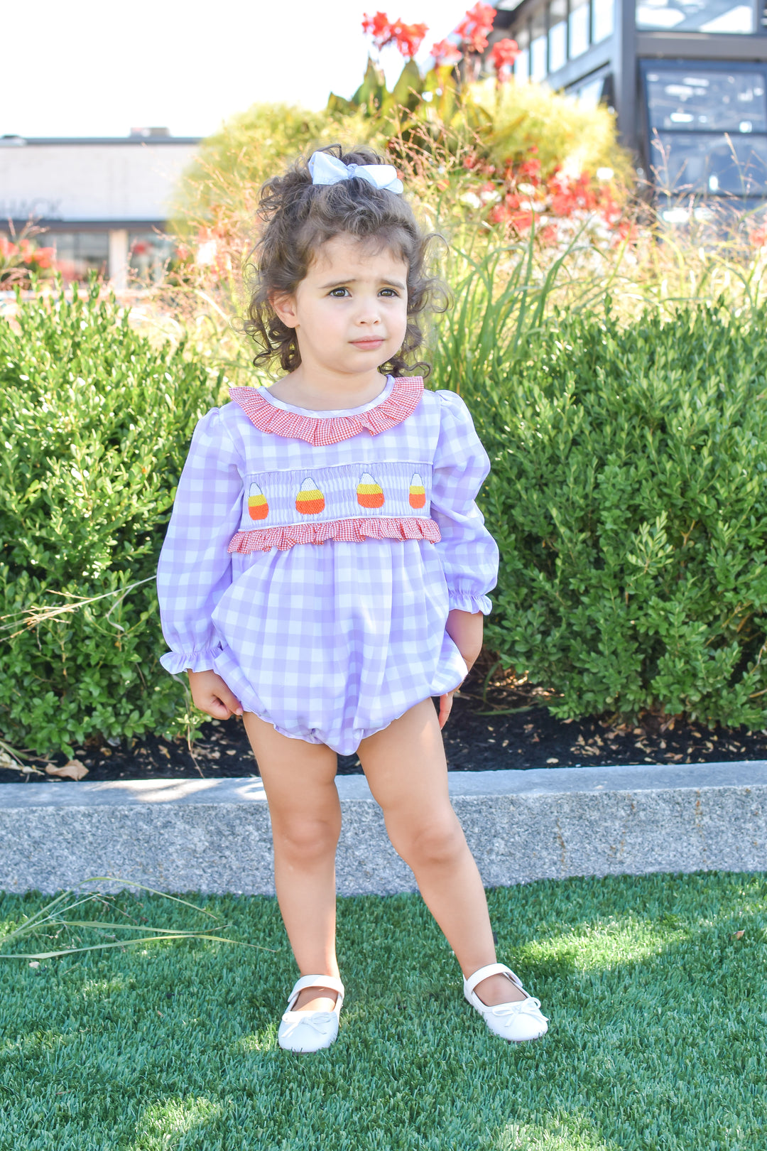 Girls Halloween Candy Corn Smocked Bubble