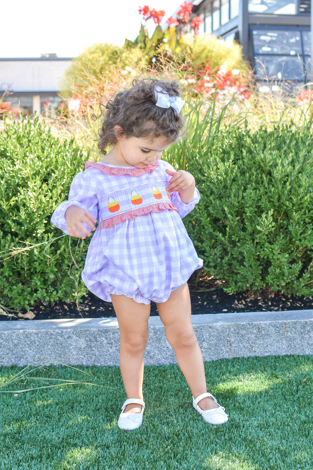 Girls Halloween Candy Corn Smocked Bubble