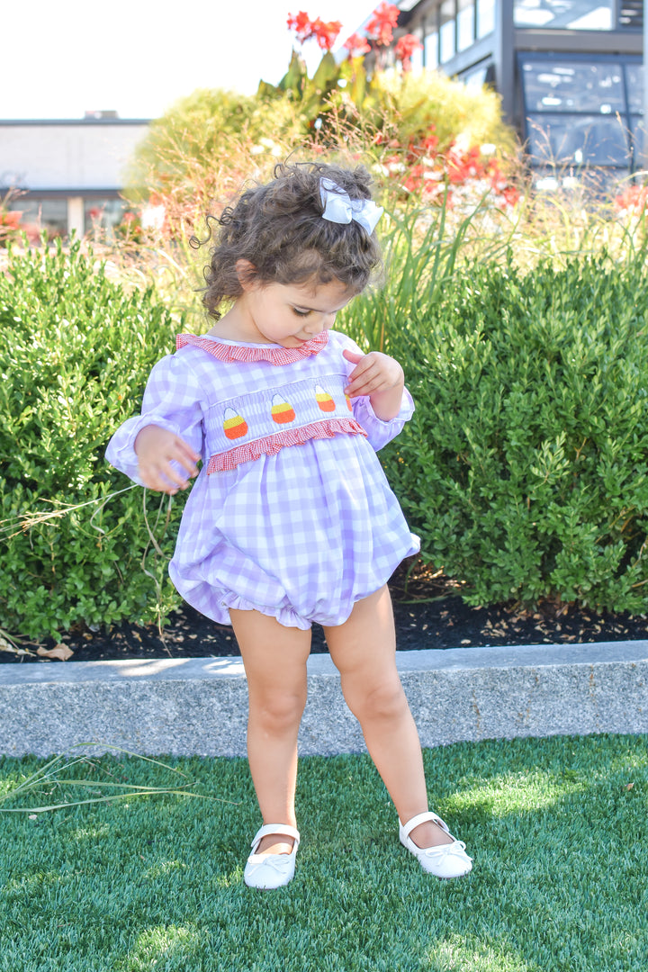 Girls Halloween Candy Corn Smocked Bubble