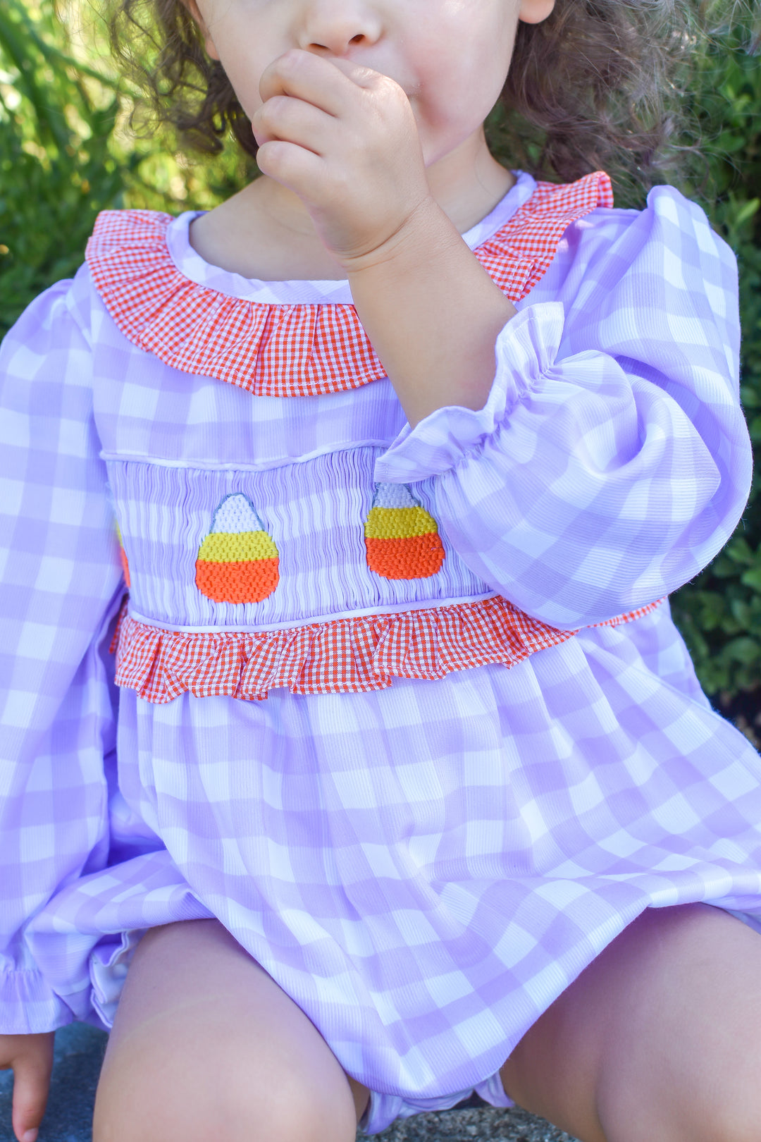 Girls Halloween Candy Corn Smocked Bubble