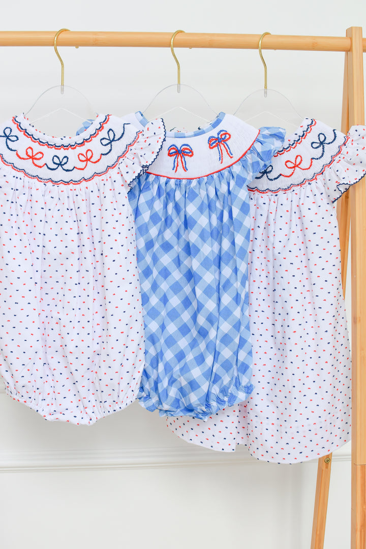 Patriotic Blue Gingham and Bow Smocked Bubble