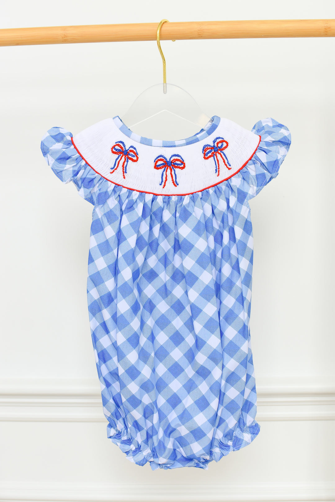 Patriotic Blue Gingham and Bow Smocked Bubble